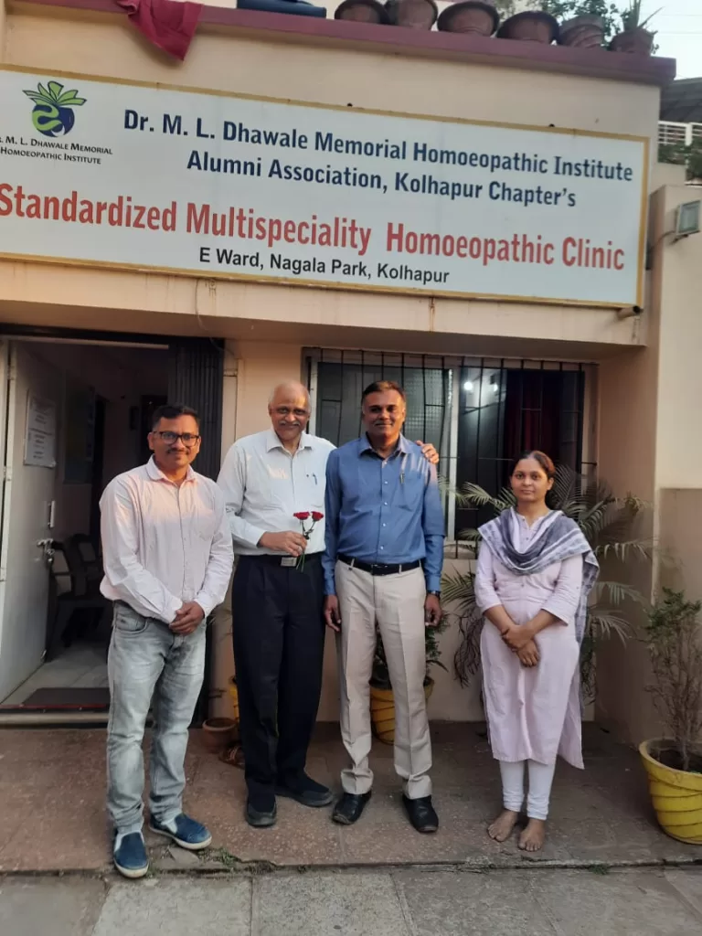 Dr. C. R. Goda, Director of MLDMHI, Palghar, being felicitated during his visit to our Homoeopathic Centre, MLDMHIAA, Kolhapur, and Chaitanya Homoeopathic Clinic, Kolhapur.